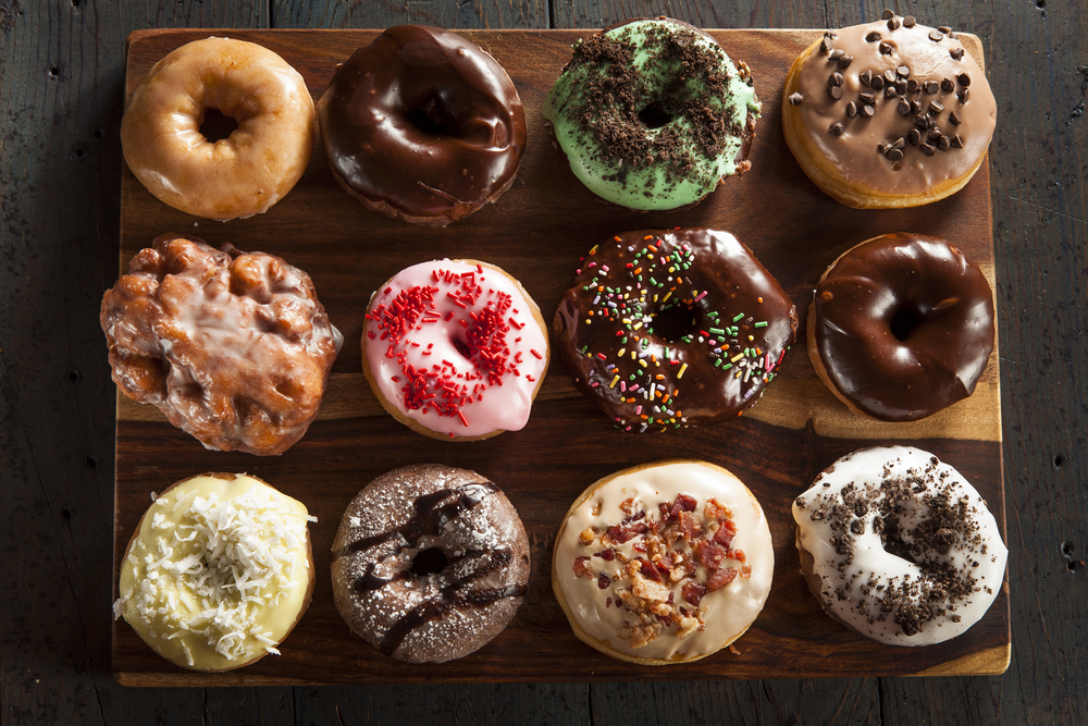 A variety of decorated donuts