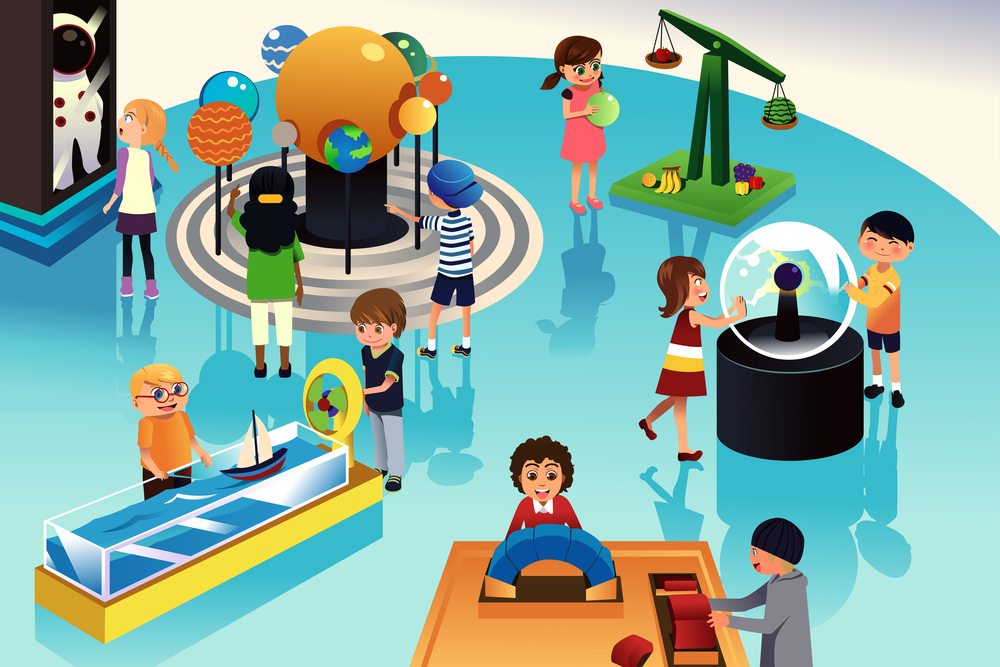 an illustration of children playing with various science exhibits